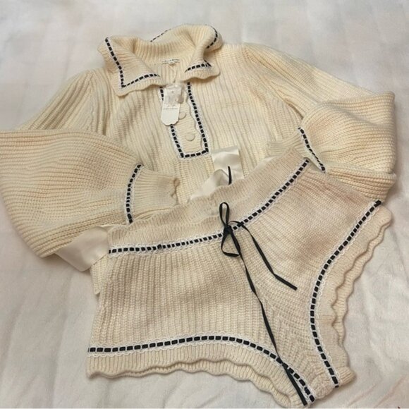 New! For Love And Lemons Jeanette Cardigan and Shorts Set cream 2583 - Picture 3 of 11